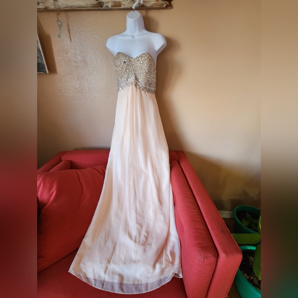 Peach lace rhinestone long prom dress